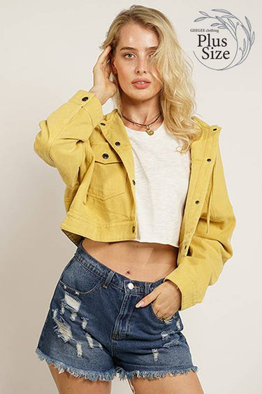Plus Cropped Denim Jacket: Mustard